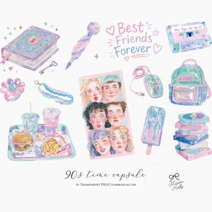 Bring back the magic of the late 90s with this nostalgic clipart bundle inspired by childhood memories, school days, mall culture, summer fun, and early internet life. Filled with retro toys, fashion accessories, stationery, keepsakes, and iconic 90s-inspired graphics, this collection is perfect for stickers, scrapbooking, planners, invitations, party decor, sublimation, and creative DIY projects.