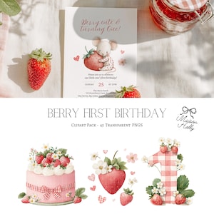 Bring a burst of berry Strawberry to your next project with this adorable Strawberry Clipart Set! This collection features 45 watercolor PNGs, perfect for baby showers, berry first birthdays, nursery decor, and playful crafts. Inside you’ll find blueberry animals, cute woodland friends, and plenty of whimsical berry details.  Each design comes as a high-resolution PNG with a transparent background, making it easy to use for invitations, party decor, scrapbooking, wall art, and more.
