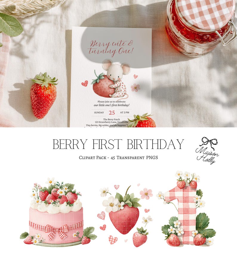 Bring a burst of berry Strawberry to your next project with this adorable Strawberry Clipart Set! This collection features 45 watercolor PNGs, perfect for baby showers, berry first birthdays, nursery decor, and playful crafts. Inside you’ll find blueberry animals, cute woodland friends, and plenty of whimsical berry details.  Each design comes as a high-resolution PNG with a transparent background, making it easy to use for invitations, party decor, scrapbooking, wall art, and more.