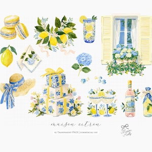 Maison Citron, a clipart collection inspired by Mediterranean garden parties, blue hydrangeas, sun-ripened lemons, elegant tea gatherings, and summer celebrations. This collection features citrus elements, floral accents, porcelain tableware, desserts, and bridal details. 

Perfect for bridal shower invitations, wedding stationery, tea party decor, summer event signage, greeting cards, scrapbook projects, branding, social media graphics, party decorations, and creative DIY projects.
