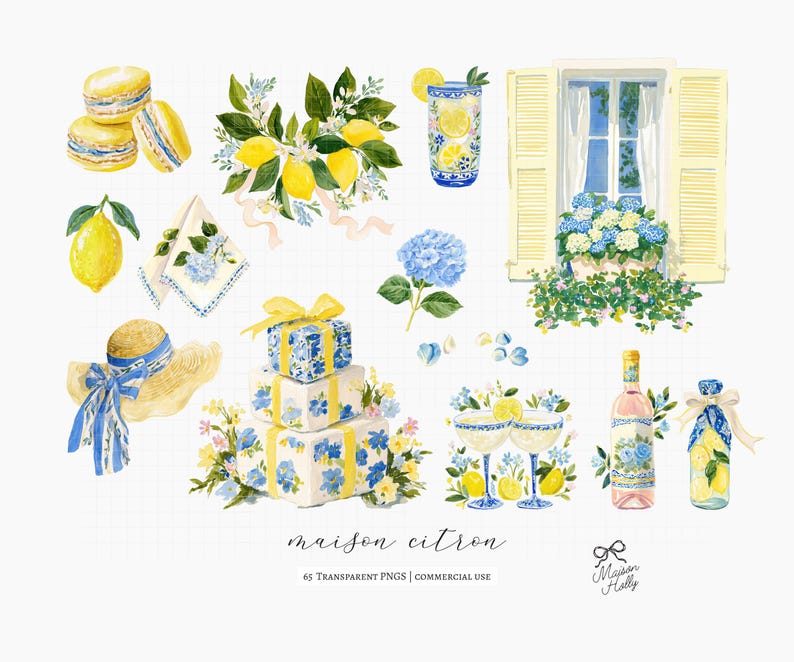 Maison Citron, a clipart collection inspired by Mediterranean garden parties, blue hydrangeas, sun-ripened lemons, elegant tea gatherings, and summer celebrations. This collection features citrus elements, floral accents, porcelain tableware, desserts, and bridal details. 

Perfect for bridal shower invitations, wedding stationery, tea party decor, summer event signage, greeting cards, scrapbook projects, branding, social media graphics, party decorations, and creative DIY projects.