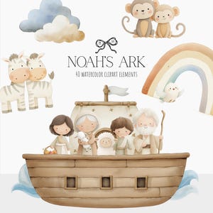 K&ouml;nnte beinhalten: Aquarell-Illustration der Arche Noah mit Tieren, Menschen, einem Regenbogen und Wolken. Der Text "Noah's Ark" ist &uuml;ber der Arche abgebildet, darunter die Worte "40 Watercolor Clipart Elements".