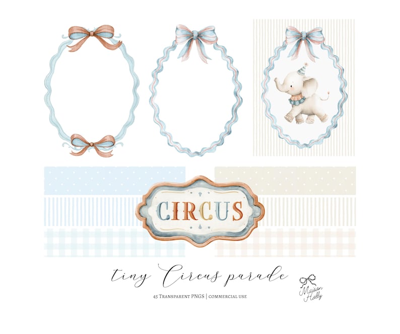 Bring a gentle carnival feeling to your designs with this Vintage Circus Parade Clipart Set — a collection of 45 watercolor-style illustrations featuring parade-ready circus animals and classic circus details. Everything comes as high-quality PNG files with transparent backgrounds, ready to drop into your project.

Use these illustrations for
• nursery wall art and children’s décor
• circus or carnival birthday invitations
• baby shower themes
• branding and small business packaging