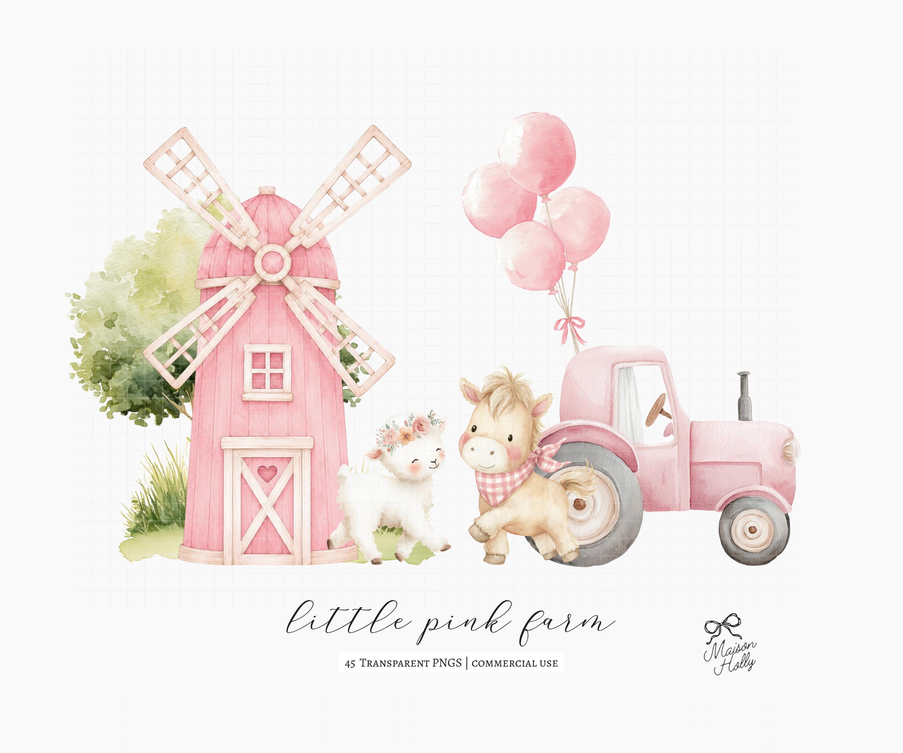 45 Farm Animals Clipart Bundle, Pastel Pink Barnyard Watercolor PNG ...