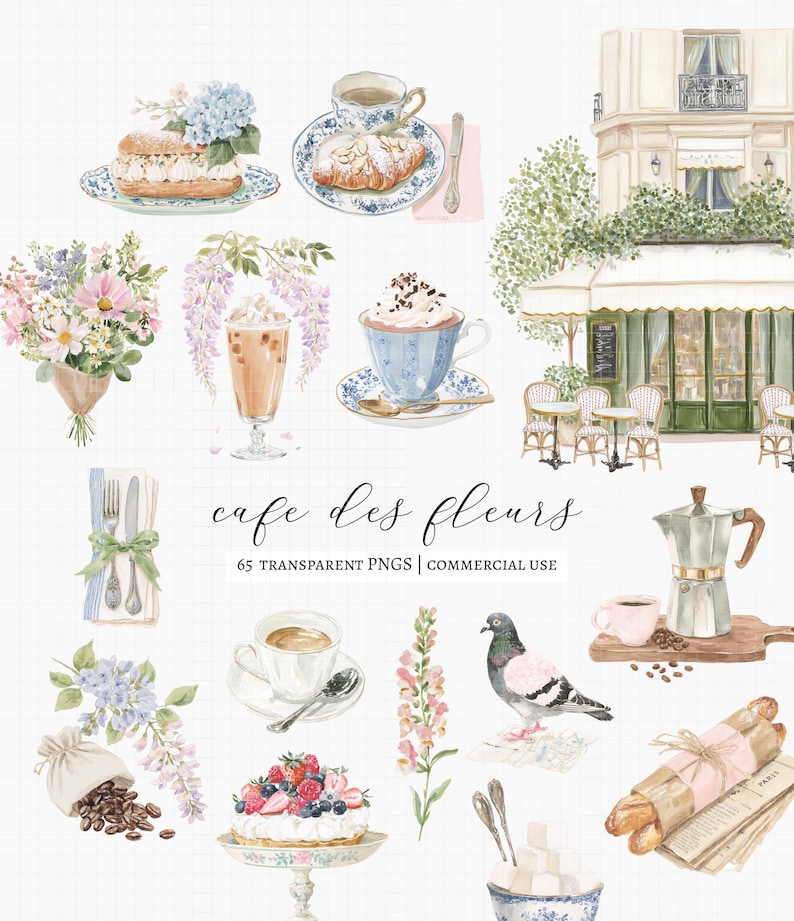 Bring the charm of a Parisian café to your next project with this collection of 60 watercolor coffee shop and floral cliparts.

Filled with elegant coffee drinks, French pastries, blooming flowers, café details, and bakery elements, this collection is perfect for wedding stationery, bridal showers, baby showers, brunch invitations, café branding, bakery menus, greeting cards, planners, stickers, wall art, and DIY creative projects.