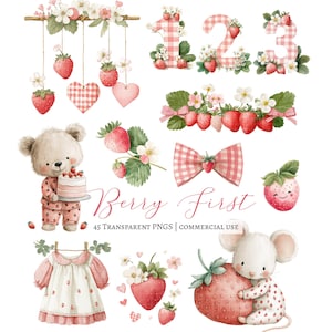 Bring a burst of berry Strawberry to your next project with this adorable Strawberry Clipart Set! This collection features 45 watercolor PNGs, perfect for baby showers, berry first birthdays, nursery decor, and playful crafts. Inside you’ll find blueberry animals, cute woodland friends, and plenty of whimsical berry details.  Each design comes as a high-resolution PNG with a transparent background, making it easy to use for invitations, party decor, scrapbooking, wall art, and more.