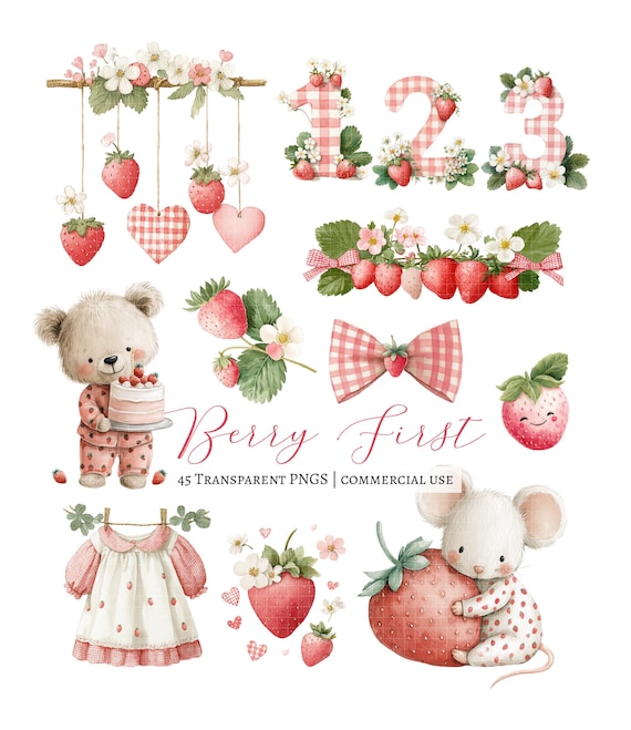 45 Strawberry Clipart Set – Berry First Birthday, Strawberry Baby Shower, Berry Sweet, Berry One, Cute Watercolor Animals, woodland animals