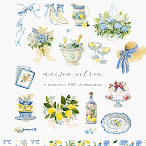 Maison Citron, a clipart collection inspired by Mediterranean garden parties, blue hydrangeas, sun-ripened lemons, elegant tea gatherings, and summer celebrations. This collection features citrus elements, floral accents, porcelain tableware, desserts, and bridal details. 

Perfect for bridal shower invitations, wedding stationery, tea party decor, summer event signage, greeting cards, scrapbook projects, branding, social media graphics, party decorations, and creative DIY projects.