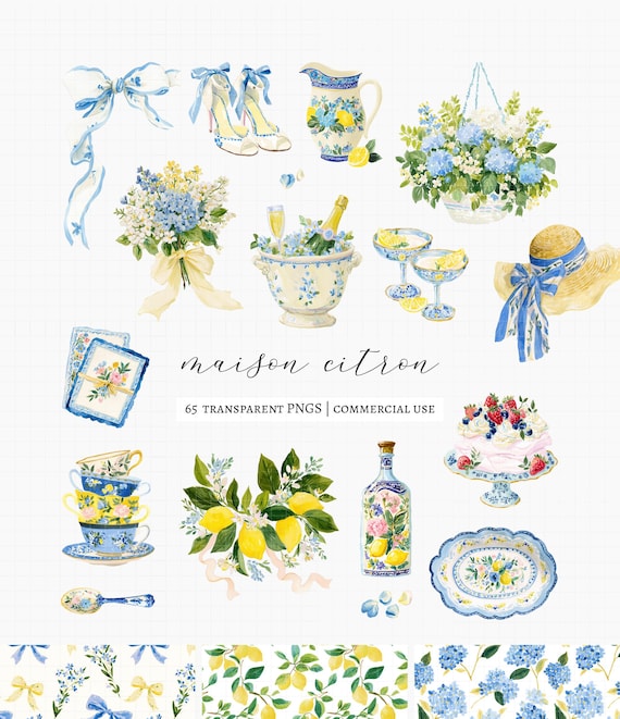 65 Lemon Clipart Bundle, Mediterranean Garden Party PNG, Bridal Shower Graphics, Blue Hydrangea Watercolor, Italian Summer, Amalfi Coast