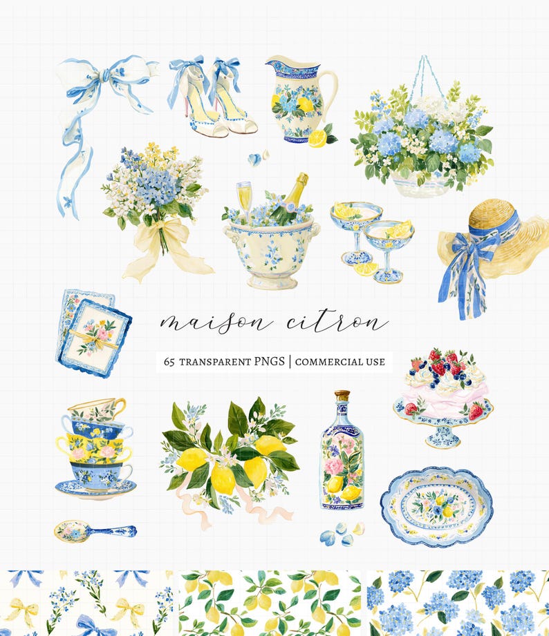 Maison Citron, a clipart collection inspired by Mediterranean garden parties, blue hydrangeas, sun-ripened lemons, elegant tea gatherings, and summer celebrations. This collection features citrus elements, floral accents, porcelain tableware, desserts, and bridal details. 

Perfect for bridal shower invitations, wedding stationery, tea party decor, summer event signage, greeting cards, scrapbook projects, branding, social media graphics, party decorations, and creative DIY projects.