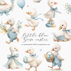 Puede incluir: Ilustraciones en acuarela de adorables gansos blancos con detalles azules. Los gansos se representan con lazos azules, sosteniendo globos, flores y huevos de Pascua. Algunos llevan monos azules. La frase "little blue Goose easter" está escrita en cursiva.