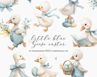 30 Ostern Dumme Gans Clipart Set, Baby blaue Gans PNG, süße Boho Dumme Gans Kinderzimmer, Frühling blaue Ostern Entlein, Baby Shower Junge Clipart