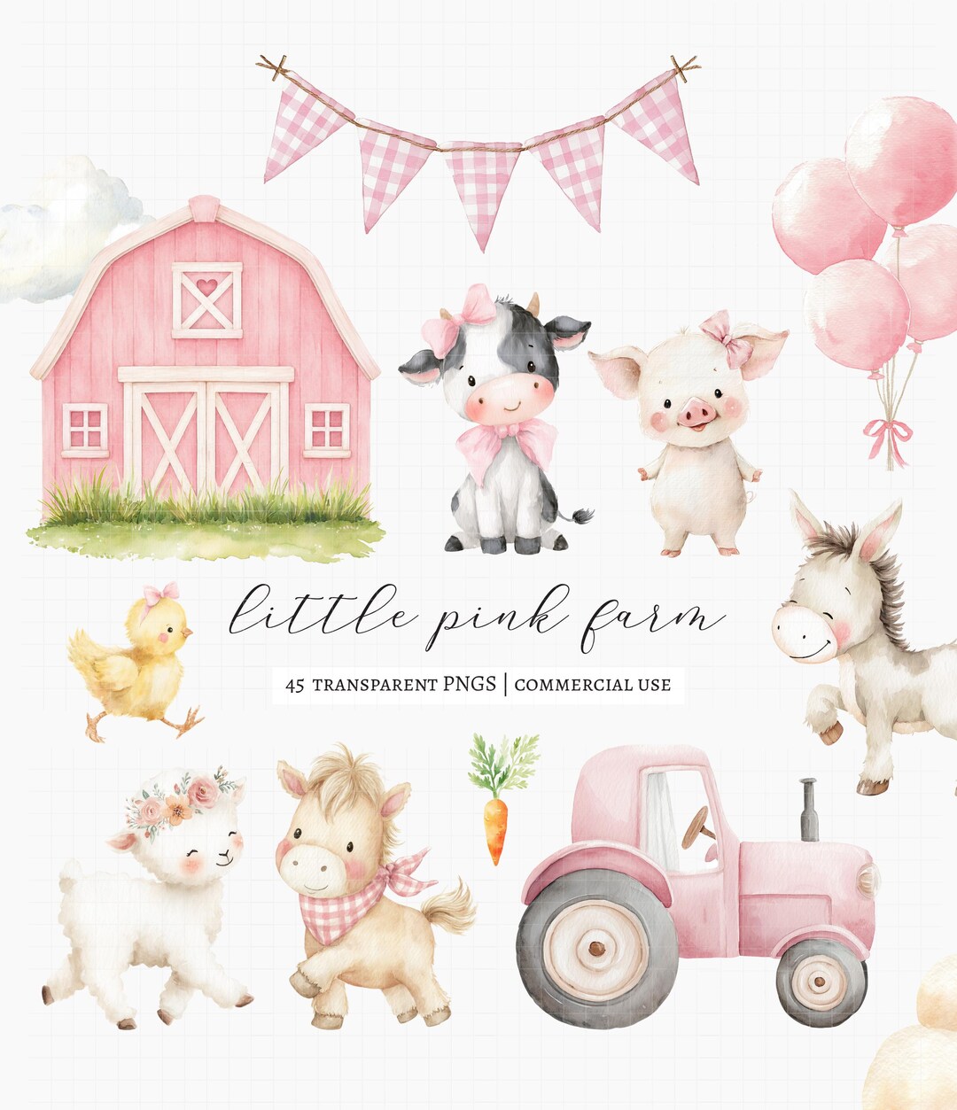 45 Farm Animals Clipart Bundle, Pastel Pink Barnyard Watercolor PNG ...