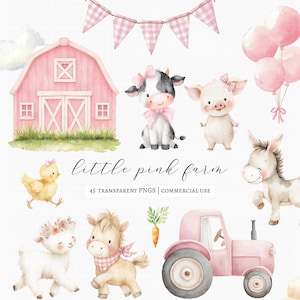 Puede incluir: Ilustración en acuarela de una granja rosa, animales de granja y un tractor. La imagen incluye una vaca, un cerdo, un burro, un cordero, un caballo y un pollito. El texto "little pink farm" se muestra debajo.