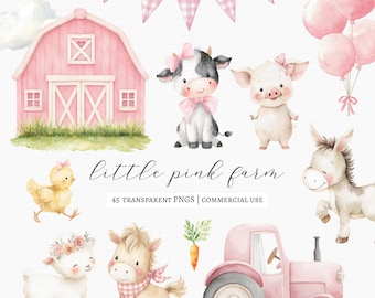45 Farm Animals Clipart Bundle, Pastel Pink Barnyard Watercolor PNG, Baby Shower, Birthday & Nursery Decor, little farm friends