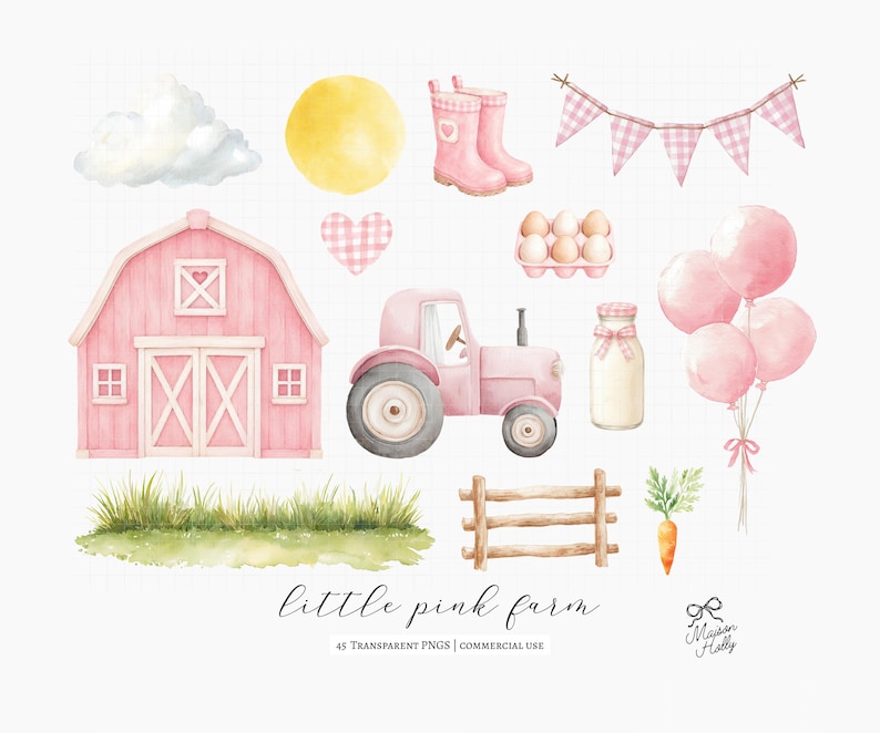 45 Farm Animals Clipart Bundle, Pastel Pink Barnyard Watercolor PNG ...