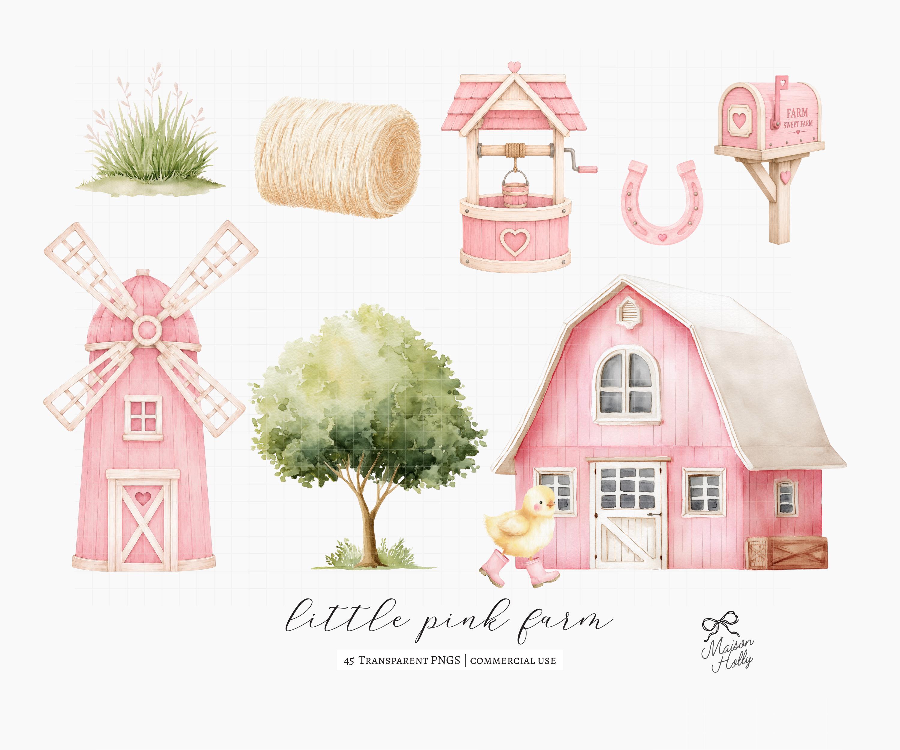 45 Farm Animals Clipart Bundle, Pastel Pink Barnyard Watercolor PNG ...