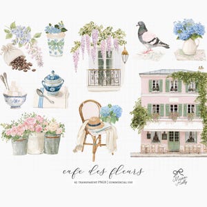 Bring the charm of a Parisian café to your next project with this collection of 60 watercolor coffee shop and floral cliparts.

Filled with elegant coffee drinks, French pastries, blooming flowers, café details, and bakery elements, this collection is perfect for wedding stationery, bridal showers, baby showers, brunch invitations, café branding, bakery menus, greeting cards, planners, stickers, wall art, and DIY creative projects.