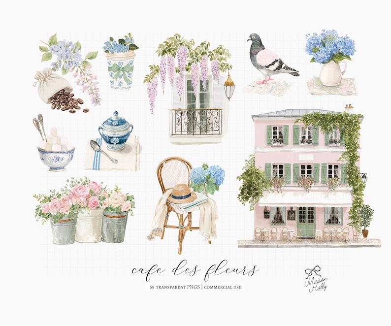 Bring the charm of a Parisian café to your next project with this collection of 60 watercolor coffee shop and floral cliparts.

Filled with elegant coffee drinks, French pastries, blooming flowers, café details, and bakery elements, this collection is perfect for wedding stationery, bridal showers, baby showers, brunch invitations, café branding, bakery menus, greeting cards, planners, stickers, wall art, and DIY creative projects.