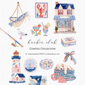 A collection of 55 coastal cliparts inspired by vintage fishing villages, seaside markets, striped harbor resorts, nautical paper goods, and relaxed summer life by the sea.

This collection blends fisherman aesthetic charm with soft editorial coastal styling, featuring sardines, lobster dinners, seafood market details, striped seaside elements, harbor objects, vintage nautical ephemera, ropes, sailboats, oysters, shells, postcards, and weathered dock textures.