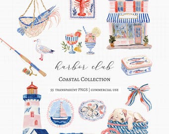 Puede incluir: Ilustraciones en acuarela de elementos costeros, incluyendo una langosta, un faro, una caña de pescar, un velero y un cachorro durmiendo. La imagen presenta el texto "Harbor Club Coastal Collection" y "55 Transparent PNGs | Commercial Use."