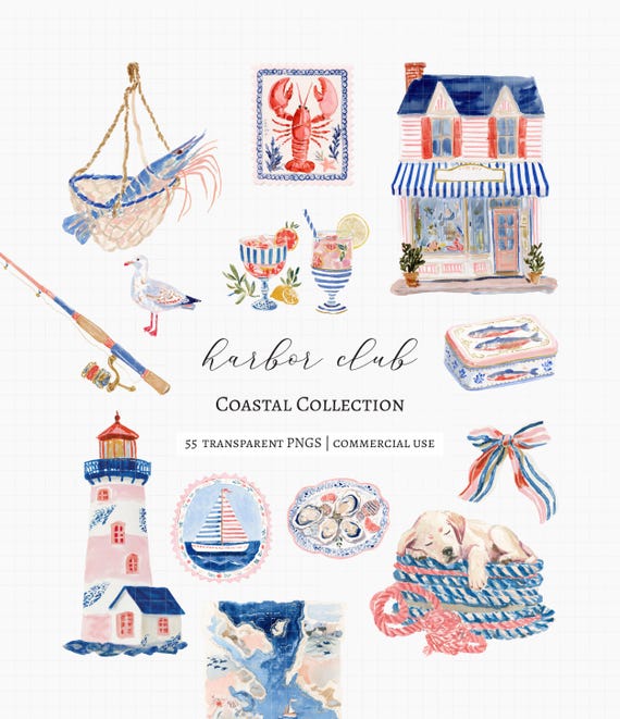 55 Fisherman Aesthetic Clipart Bundle, Coastal Coquette Nautical Watercolor PNG, Sardine Summer & Vintage Coastal Seaside Graphics