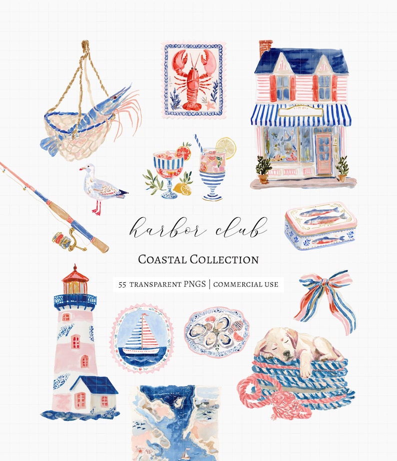 A collection of 55 coastal cliparts inspired by vintage fishing villages, seaside markets, striped harbor resorts, nautical paper goods, and relaxed summer life by the sea.

This collection blends fisherman aesthetic charm with soft editorial coastal styling, featuring sardines, lobster dinners, seafood market details, striped seaside elements, harbor objects, vintage nautical ephemera, ropes, sailboats, oysters, shells, postcards, and weathered dock textures.