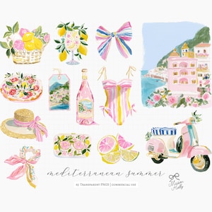 A collection of 60+ cliparts inspired by colorful Mediterranean summers, Amalfi Coast vacations, striped beach clubs, Italian seaside towns, resort fashion, travel postcards, citrus markets, and feminine coastal styling. this collection captures the feeling of a stylish summer holiday along the Italian coast.

Perfect for:
• Summer branding
• Travel stationery
• Scrapbooking & journaling
• Invitations & party decor
• Wrapping paper & fabric design
• Coastal boutique projects
• Summer packaging