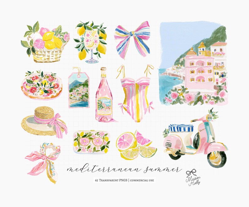 A collection of 60+ cliparts inspired by colorful Mediterranean summers, Amalfi Coast vacations, striped beach clubs, Italian seaside towns, resort fashion, travel postcards, citrus markets, and feminine coastal styling. this collection captures the feeling of a stylish summer holiday along the Italian coast.

Perfect for:
• Summer branding
• Travel stationery
• Scrapbooking & journaling
• Invitations & party decor
• Wrapping paper & fabric design
• Coastal boutique projects
• Summer packaging