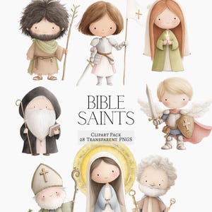 May include: A collection of illustrated Bible Saints in a watercolor style. The image includes figures of saints with halos, holding religious symbols, and the text "BIBLE SAINTS" and "CLIPART PACK 28 TRANSPARENT PNGS".