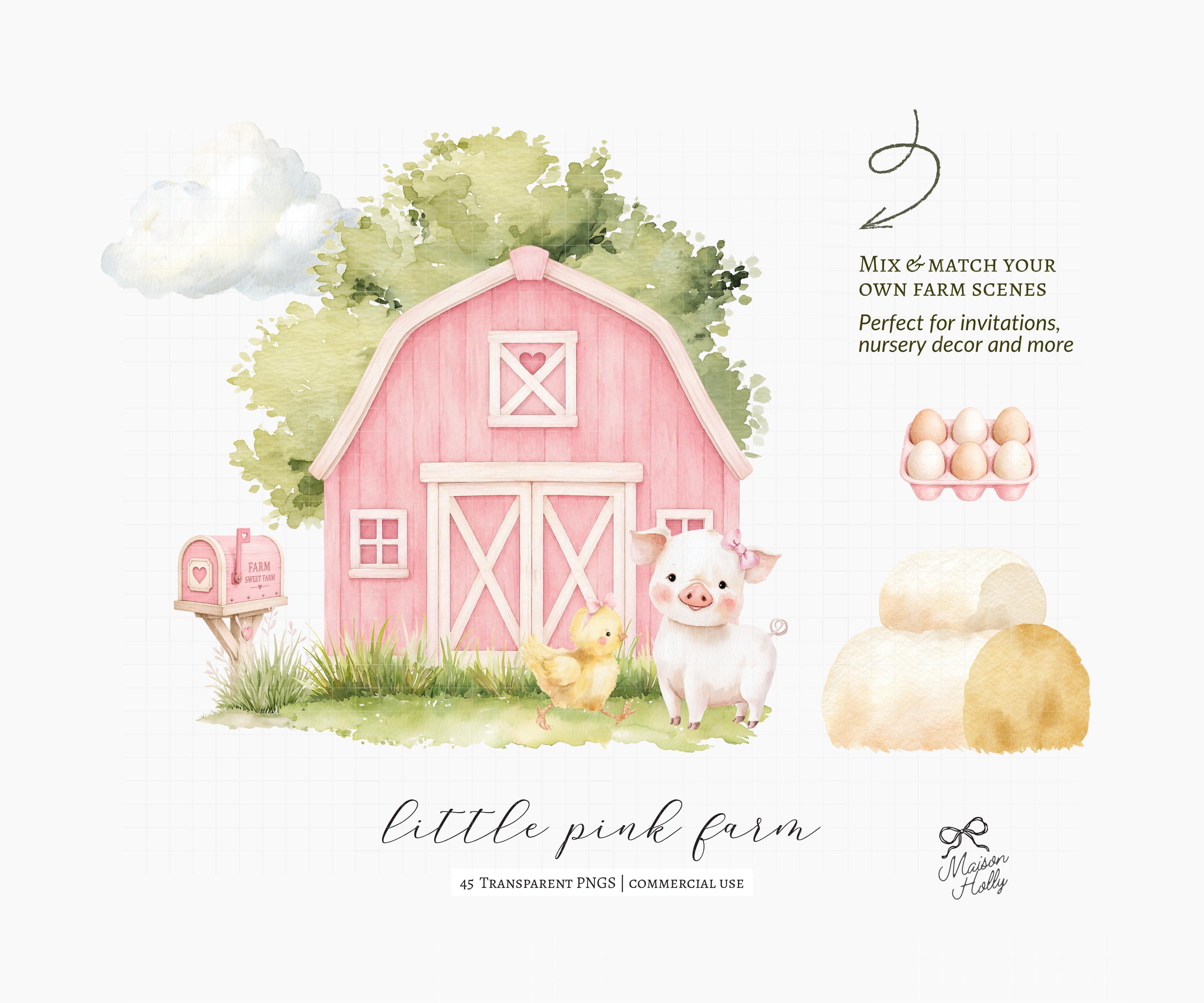 45 Farm Animals Clipart Bundle, Pastel Pink Barnyard Watercolor PNG ...