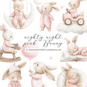 25 Baby Bunny Nursery Clipart, Watercolor Baby Bunny, Pink Nursery Art, Baby Shower png, Whimsical Kids Decor print, Baby girl invitation