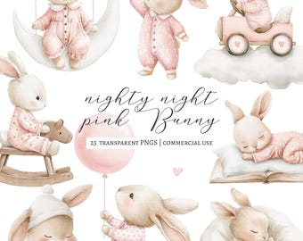 25 imágenes prediseñadas de conejito para guardería, conejito de acuarela, arte rosa para guardería, imágenes PNG para baby shower, decoración infantil divertida, invitación para niña
