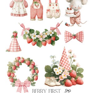Bring a burst of berry Strawberry to your next project with this adorable Strawberry Clipart Set! This collection features 45 watercolor PNGs, perfect for baby showers, berry first birthdays, nursery decor, and playful crafts. Inside you’ll find blueberry animals, cute woodland friends, and plenty of whimsical berry details.  Each design comes as a high-resolution PNG with a transparent background, making it easy to use for invitations, party decor, scrapbooking, wall art, and more.