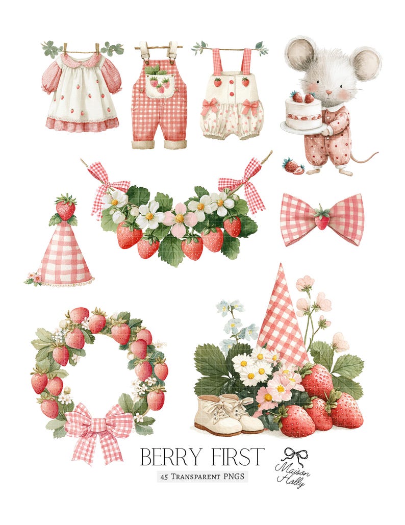 Bring a burst of berry Strawberry to your next project with this adorable Strawberry Clipart Set! This collection features 45 watercolor PNGs, perfect for baby showers, berry first birthdays, nursery decor, and playful crafts. Inside you’ll find blueberry animals, cute woodland friends, and plenty of whimsical berry details.  Each design comes as a high-resolution PNG with a transparent background, making it easy to use for invitations, party decor, scrapbooking, wall art, and more.