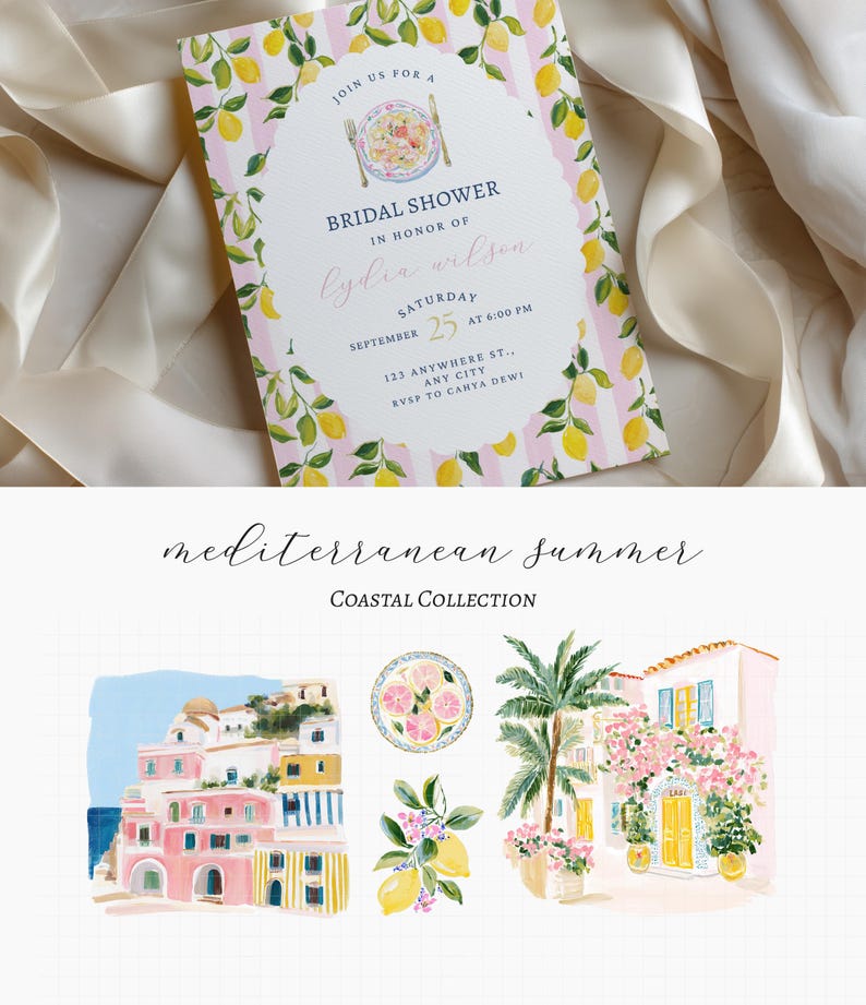 A collection of 60+ cliparts inspired by colorful Mediterranean summers, Amalfi Coast vacations, striped beach clubs, Italian seaside towns, resort fashion, travel postcards, citrus markets, and feminine coastal styling. this collection captures the feeling of a stylish summer holiday along the Italian coast.

Perfect for:
• Summer branding
• Travel stationery
• Scrapbooking & journaling
• Invitations & party decor
• Wrapping paper & fabric design
• Coastal boutique projects
• Summer packaging