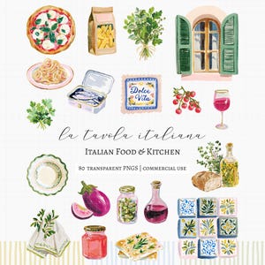 Bring the warmth of an Italian table into your designs with this refined collection of food, kitchen, and lifestyle elements, inspired by Mediterranean summers and the timeless feeling of la dolce vita. This set brings together Italian food, kitchen elements, and everyday table details — from pasta dishes and fresh ingredients to ceramics, linens, and small café touches. 

• Menu design & restaurant branding
• Wedding stationery & dinner party invitations
• Recipe cards & kitchen prints
