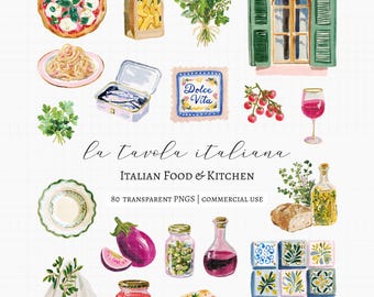 80+ Italienisches Essen & Küche Clipart Bundle, Mediterrane Küche PNG, Menü Clipart, Amalfiküste, Italienischer Sommer, La Dolce Vita