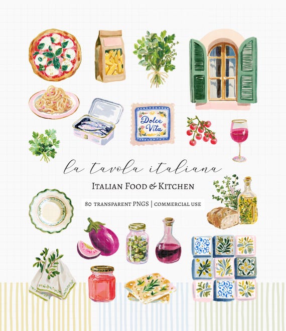 80+ Italian Food & Kitchen Clipart Bundle, Mediterranean Cooking PNG, Menu Clipart, Amalfi Coast Clipart, Italian Summer, La Dolce Vita