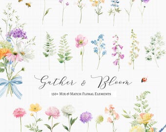 150+ Build Your Own Floral Bouquet png, Watercolor Flower Bundle, Wedding Invitation, Spring flower clipart, Birth Flower Set