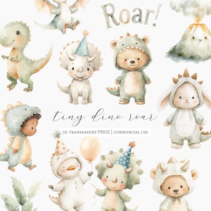 Può includere: Illustrazioni ad acquerello di vari adorabili dinosauri e animali in costume da dinosauro. L'immagine include il testo "Roar!" e "tiny dino roar". Le illustrazioni sono in morbidi colori pastello e sono adatte per uso commerciale.