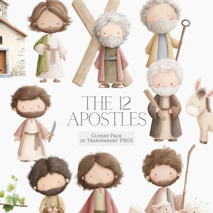 May include: A collection of watercolour illustrations featuring the twelve apostles in a cartoon style. The figures are dressed in robes of different colours, and some hold symbolic items. The text "THE 12 APOSTLES" is displayed prominently.