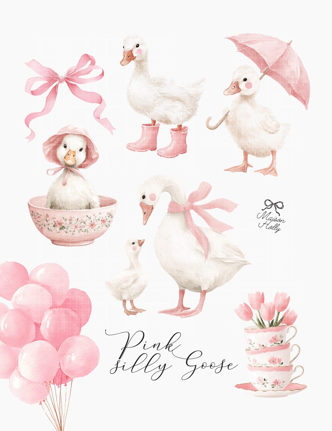 22 Watercolor Silly Goose Clipart Set, Pink Gosling PNG, Baby Girl ...