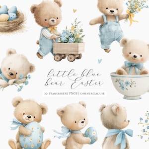 May include: Watercolor illustrations of adorable teddy bears in various poses, holding flowers and Easter eggs. The bears are light brown with blue accents, and the text "little blue bear Easter" is displayed. Includes a nest with blue eggs.