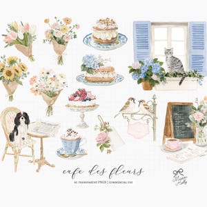 Bring the charm of a Parisian café to your next project with this collection of 60 watercolor coffee shop and floral cliparts.

Filled with elegant coffee drinks, French pastries, blooming flowers, café details, and bakery elements, this collection is perfect for wedding stationery, bridal showers, baby showers, brunch invitations, café branding, bakery menus, greeting cards, planners, stickers, wall art, and DIY creative projects.