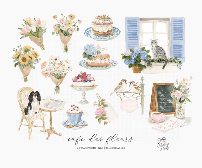 Bring the charm of a Parisian café to your next project with this collection of 60 watercolor coffee shop and floral cliparts.

Filled with elegant coffee drinks, French pastries, blooming flowers, café details, and bakery elements, this collection is perfect for wedding stationery, bridal showers, baby showers, brunch invitations, café branding, bakery menus, greeting cards, planners, stickers, wall art, and DIY creative projects.