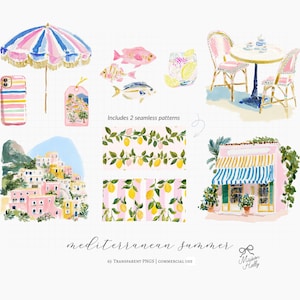 A collection of 60+ cliparts inspired by colorful Mediterranean summers, Amalfi Coast vacations, striped beach clubs, Italian seaside towns, resort fashion, travel postcards, citrus markets, and feminine coastal styling. this collection captures the feeling of a stylish summer holiday along the Italian coast.

Perfect for:
• Summer branding
• Travel stationery
• Scrapbooking & journaling
• Invitations & party decor
• Wrapping paper & fabric design
• Coastal boutique projects
• Summer packaging