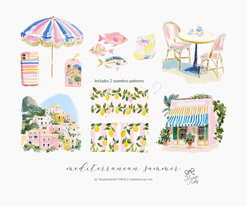 A collection of 60+ cliparts inspired by colorful Mediterranean summers, Amalfi Coast vacations, striped beach clubs, Italian seaside towns, resort fashion, travel postcards, citrus markets, and feminine coastal styling. this collection captures the feeling of a stylish summer holiday along the Italian coast.

Perfect for:
• Summer branding
• Travel stationery
• Scrapbooking & journaling
• Invitations & party decor
• Wrapping paper & fabric design
• Coastal boutique projects
• Summer packaging
