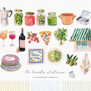 Bring the warmth of an Italian table into your designs with this refined collection of food, kitchen, and lifestyle elements, inspired by Mediterranean summers and the timeless feeling of la dolce vita. This set brings together Italian food, kitchen elements, and everyday table details — from pasta dishes and fresh ingredients to ceramics, linens, and small café touches. 

• Menu design & restaurant branding
• Wedding stationery & dinner party invitations
• Recipe cards & kitchen prints