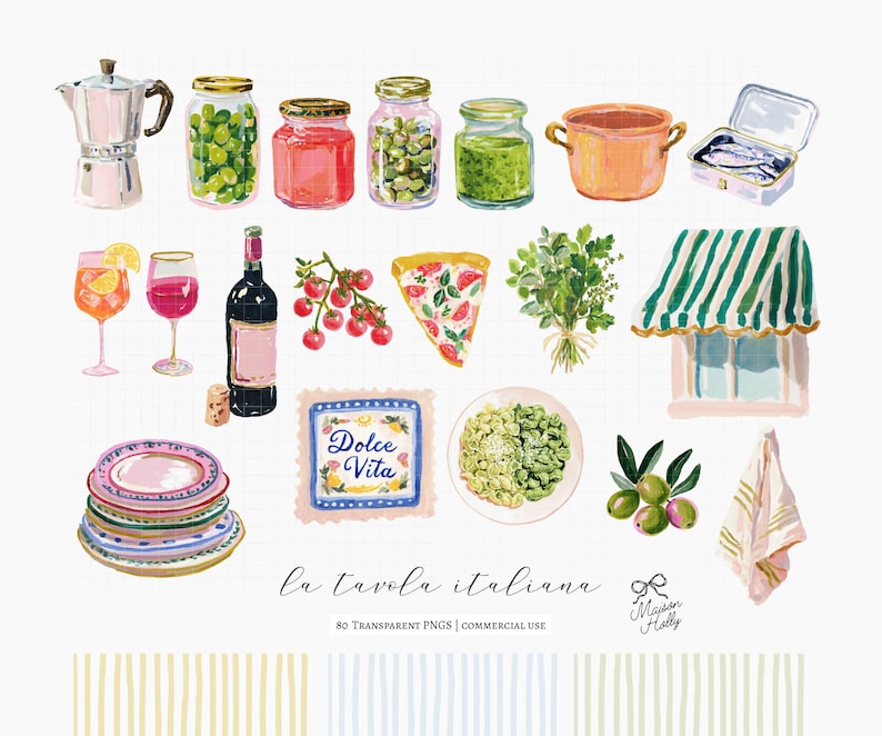 Bring the warmth of an Italian table into your designs with this refined collection of food, kitchen, and lifestyle elements, inspired by Mediterranean summers and the timeless feeling of la dolce vita. This set brings together Italian food, kitchen elements, and everyday table details — from pasta dishes and fresh ingredients to ceramics, linens, and small café touches. 

• Menu design & restaurant branding
• Wedding stationery & dinner party invitations
• Recipe cards & kitchen prints